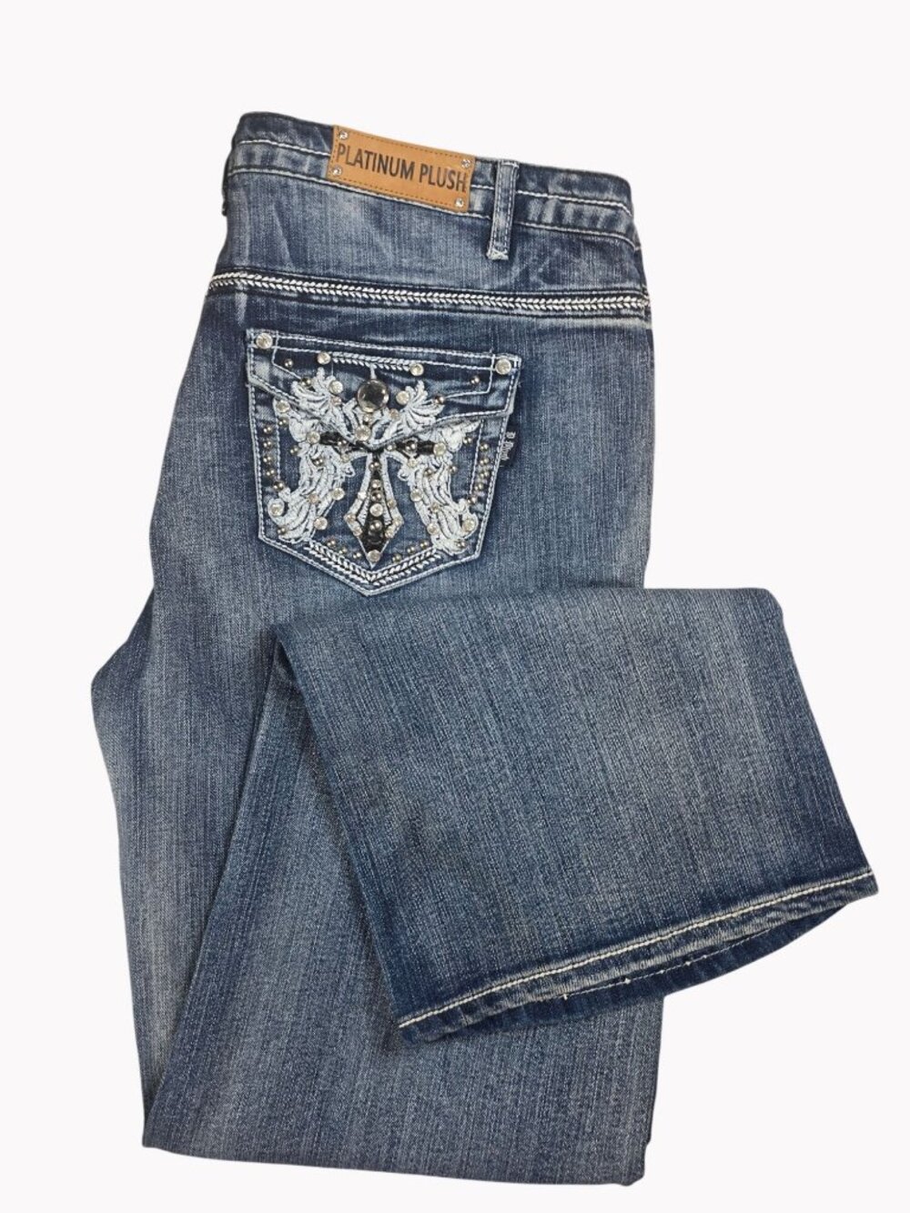 Platinum Plush Womens size 21 Rhinestone wing pockets Bootcut Jeans New